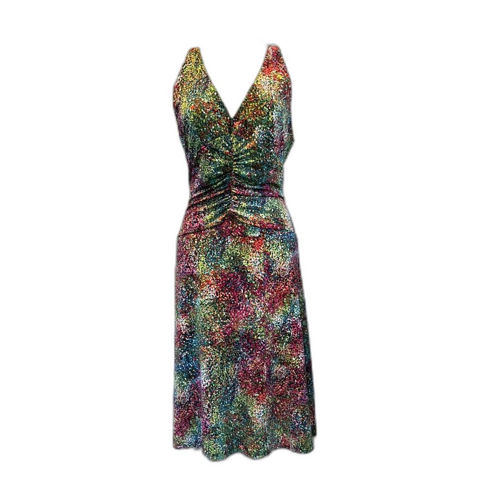 BCBGMaxAzria Halter Midi Dress Ruched Stretch V Neck Multicolor Print Open Back